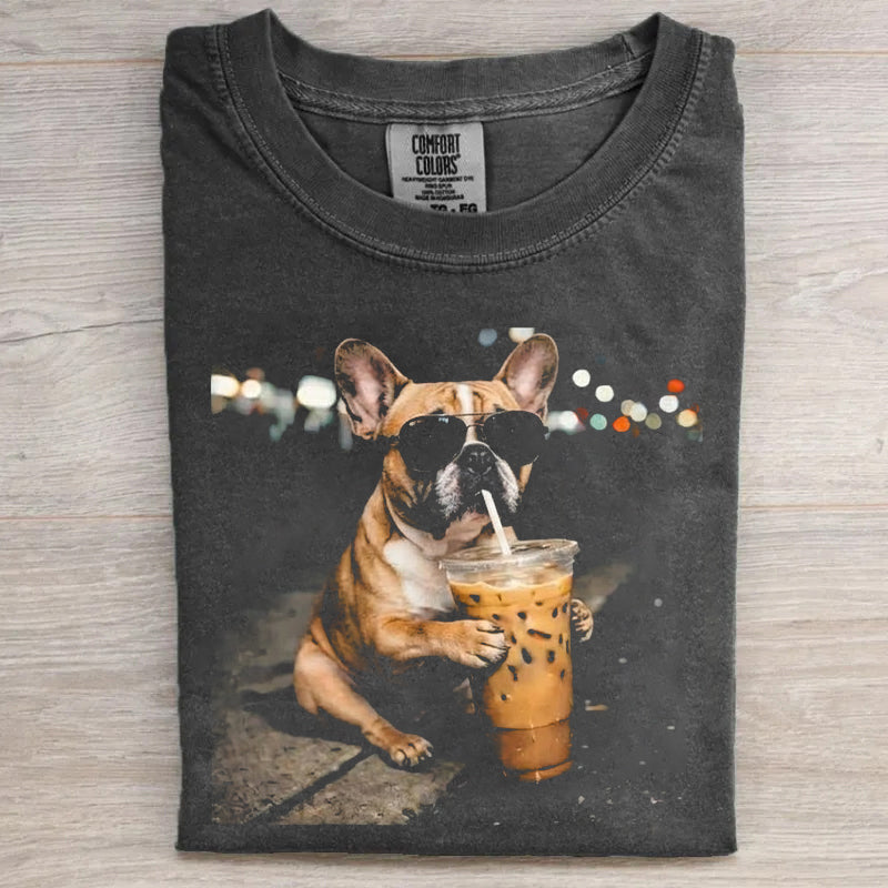 Funny French Bulldog Drinking Iced Coffee T-shirt